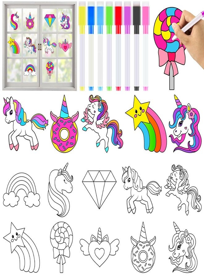 Lonfliness 30 Pcs Unicorn Painting Arts Crafts Window Suncatchers Craft Kits DIY Unicorn Coloring Crafts Window Cling Stickers with Markers Colorful Rainbow Theme Party Gifts for Home Classroom Decor - Image 1